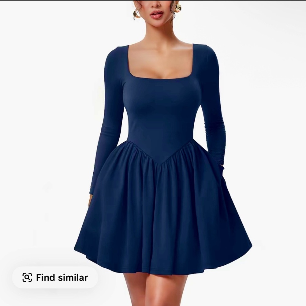 OYS Women’s Long Sleeve Square Neck Back Belt A Line Ruffle Hem Mini Dress